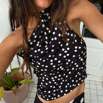 MQTIME  -  Sexy Swing Collar Tops & Long Skirt Suit Women Elegant Simple Polka Dot Print Party Skirt Outfits Casual Sleevless Slim 2Pc Sets